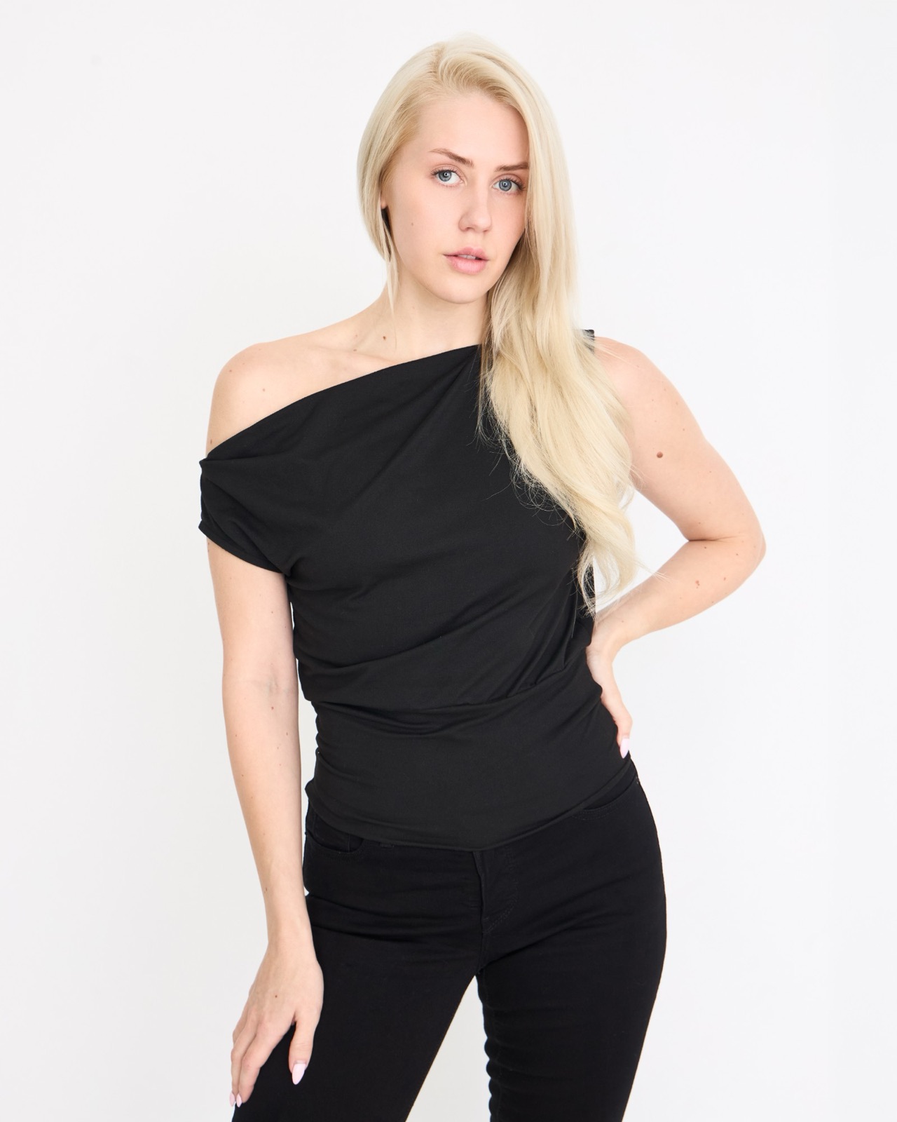 Digital: front, waist up, black top